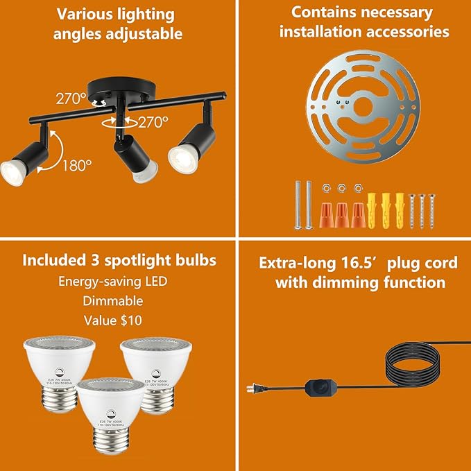 Dimmable 3 Light Black Plug in Track Light White Plug in Ceiling Lighting Fixture with 16.4' Long Cord,3 Way Ceiling Spotlight,Rotatable Wall Mount Light Head,LED dimmable Spot Bulbs Included