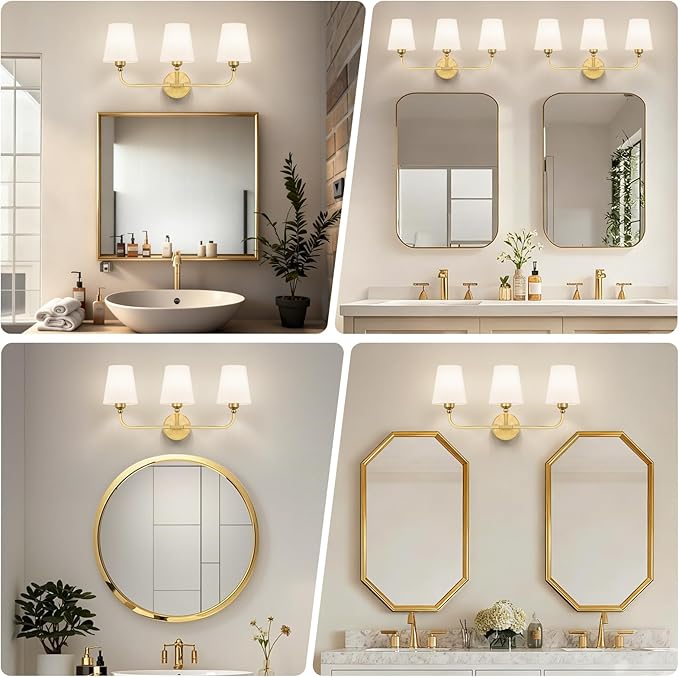 Bathroom Vanity Light, Brushed Gold Bathroom Light Fixtures, 3-Light Lighting Fixtures Over Mirror, Modern Wall Sconce with Flared White Fabric Shade, E26 Socket(ETL Listed)