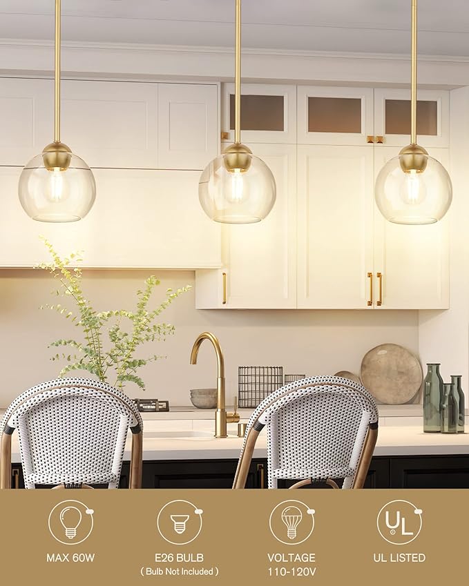 Emak Modern Gold Pendant Light Fixtures, 7 Inch Globe Pendant Lights with Clear Glass, 1 Light Hanging Lights for for Kitchen Island, Bathroom, Dining Room, Bedroom, Hallway, 2 Pack, PL119-GD-2PK