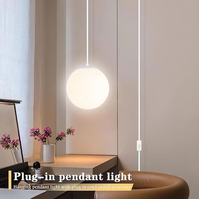 KoKo&Yukina 10" Globe Pendant Light White Plug in Pendant Light Adjustable Hanging Lights with Plug in Cord Matte White Finished with Milk Glass Lampshade for Bedroom Kitchen Island (Bulb Included)