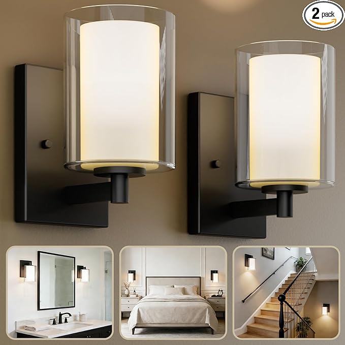 Kalium Wall Sconces Set of Two, Modern Vanity Lights with Double Clear Glass Shade Matte Black Indoor Farmhouse Wall Lights for Bathroom Living Room Bedroom Mirror Hallway Bulb E26 Base (2PCS)