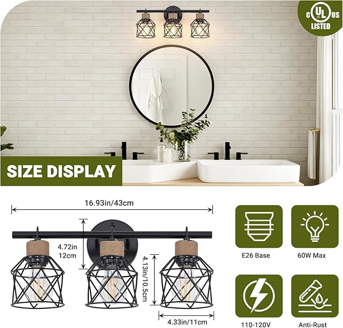 3-Light Farmhouse Bathroom Vanity Light Fixtures Over Mirror, Matte Black Vanity Lights with Metal Cage Lampshade, Vintage Bathroom Sconces Wall Lighting for Living Room Bedroom Hallway Cabinet