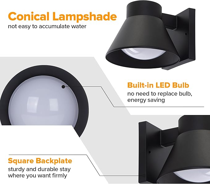 UME 2 Pack LED Outdoor Wall Light Fixtures, Dusk to Dawn Outdoor Wall Lantern, Exterior Waterproof Wall Sconce Light Fixtures, Black Front Porch Lights Wall Mount Lighting