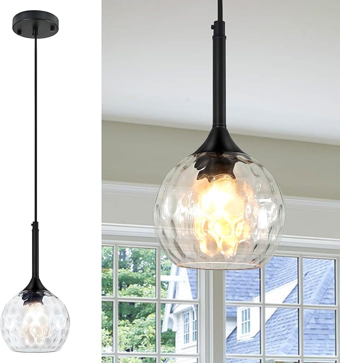 JHLBYL Glass Pendant Lights Kitchen Island: 5.91'' 1-Light Hammered Glass Pendant Light with Black Finish - Modern Minimalist Hanging Light Fixture for Kitchen Sink Dining Room - E26 Base