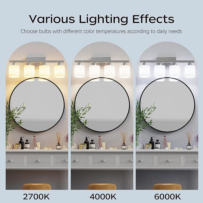 PARTPHONER Bathroom Light Fixtures, Bathroom Lighting Fixtures Over Mirror, Classic Vanity Lights, Modern Vanity Light with Textured Frosted Opal White Glass Shades, Brushed Nickel, 4-Light