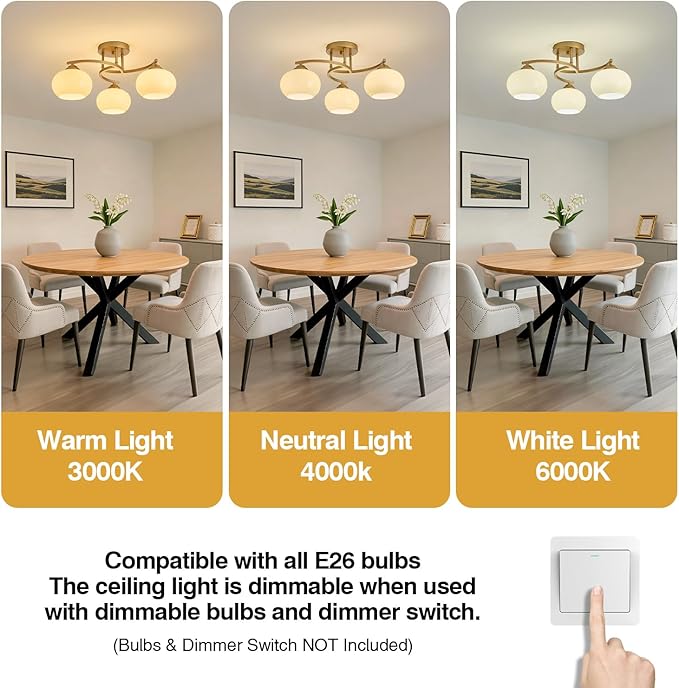 Semi Flush Mount Ceiling Light Fixture,Vintage Modern Gold Globe Sputnik Chandeliers 3-Light Mid Century Milk Glass Chandelier for Dining Room Kitchen Island Bedroom Living Room Entryway