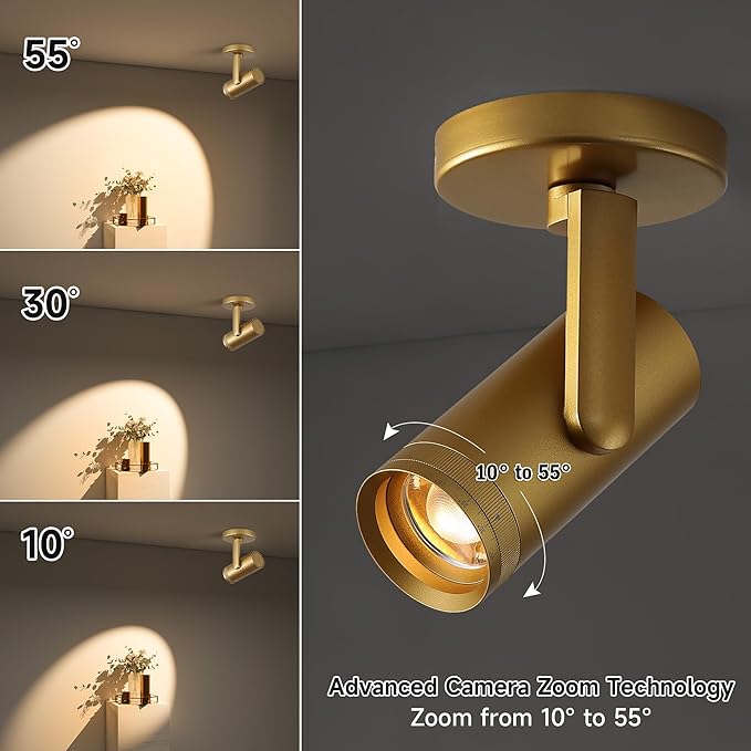 12W LED Gold Dimmable Zoomable Ceiling Spotlight Indoor – Adjustable Wall Surface Mount Accent Light for Home Corridor, Picture, Plants & Painting | Warm White 3000K CRI 97
