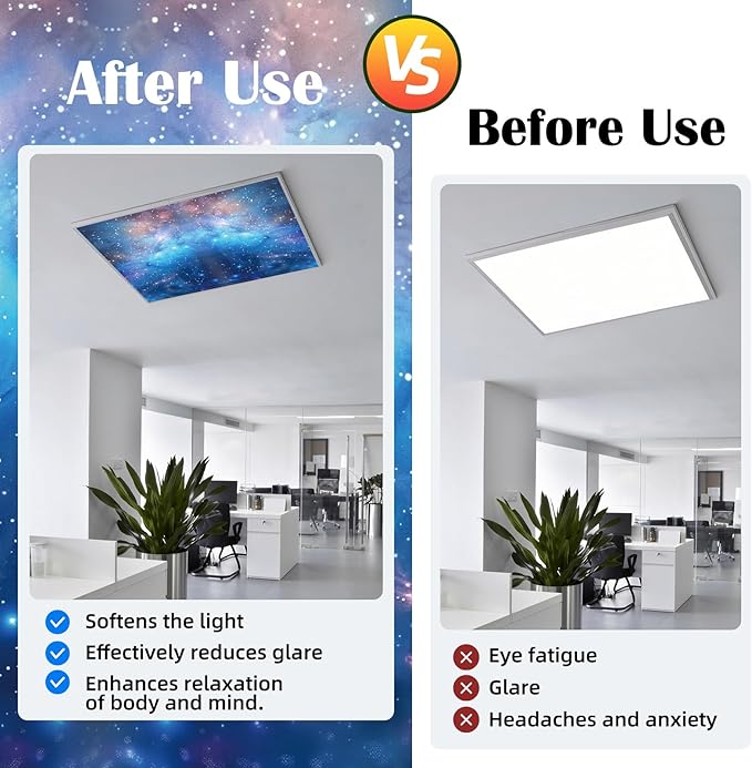 ANGSYLTH 2 x 2 Feet Fluorescent Light Covers - 4 Pcs Covers for Ceiling Lights, Magnetic Light Filters for Classroom, Office, Hospitals, Home (Galaxy)