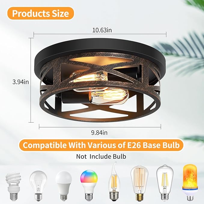 ZHU YAN 2 Pack Flush Mount Ceiling Light,Farmhouse Hallway Lighting Fixtures,Industrial Light Fixtures Ceiling Mount for Kitchen,Entryway,Bedroom,E26 Base