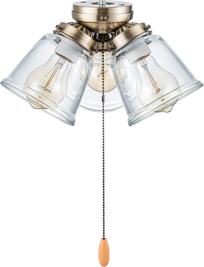 Aspen Creative 22014-1, Three-Light Ceiling Fan Light Kit with Pull Chain, Antique Brass Finish with Clear Glass Shades, 13-1/8" Diameter x 6-3/4" Height