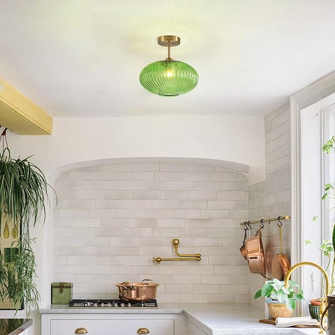 BOKT Modern Ceiling Light Green Glass Pendant Light Stairway Mid Century Close to Ceiling Light Gold Semi Flush Mount Ceilings Light Fixture for Island Kitchen Dining Room Hallway 9.8"
