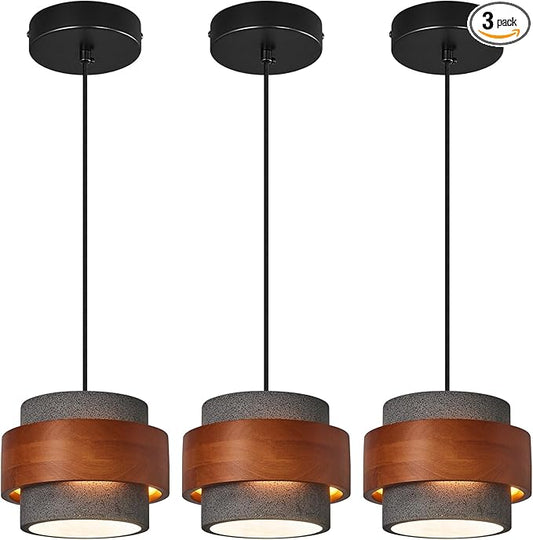 Modern Cement Pendant Light Fixture,Concrete Pendant Lights with Wood Accent,Vintage Farmhouse Chandelier for Kitchen Island Dining Room Living Room Bedroom Restaurant Cafe(Black 3-Pack)