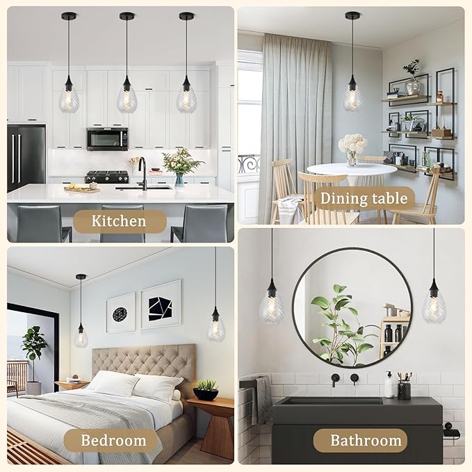 Glass Pendant Lights Kitchen Island 2 Pack, Modern Black Pendant Light Fixtures with Hand-Blown Clear Glass, Island Hanging Light for Kitchen Sink Bedroom Dining Room Hallway, E26