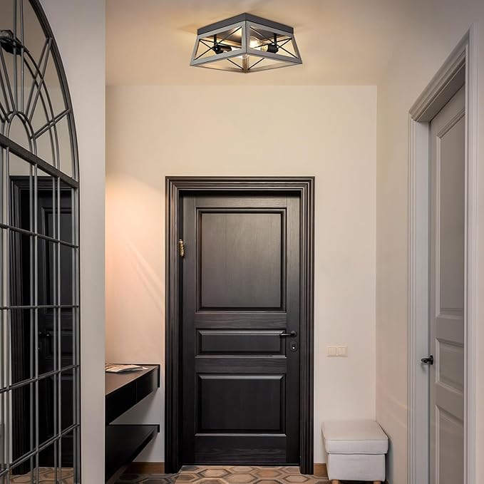 DEWENWILS Industrial Flush Mount Ceiling Light, Metal Hallway Light Fixture Ceiling for Entryway, Foyer, Dining Room, 2-Lights, Silver Grey