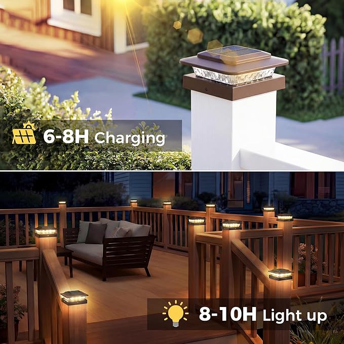 kolpop 4x4 Solar Post Cap Lights Outdoor 12Pack- 3 Color Temperatures&2 Level Brightness, IP65 Waterproof, 16 LED Fence Deck Post Light Solar Powered Only for 4×4/3.5×3.5 Wood/Vinyl Posts(Brown)