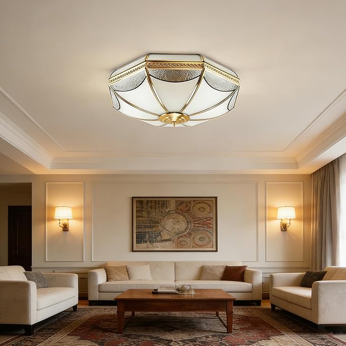 MIXL-Mid Century Modern Brushed Gold Ceiling Light Fixtures,6-Lights Brass Ceiling Lighting with Glass Shade,3-Colors Dimmable Dining Light Fixture, Art Deco Ceiling Lights for Bedroom Study Room