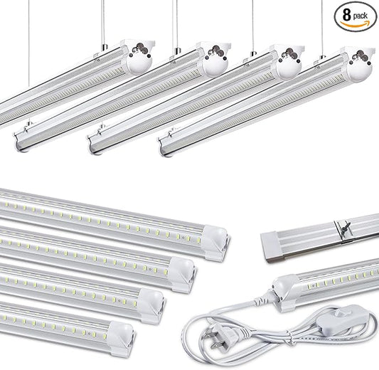 Skymoatled 8Pack 4FT LED Shop Light Garage Lights,50W 6000K 7500LM White Light,Hanging/Surface Mount,T8 4FT Tube Lamp for Warehouse Workshop Basement,Linkable LED Shop Lights,Plug and Play