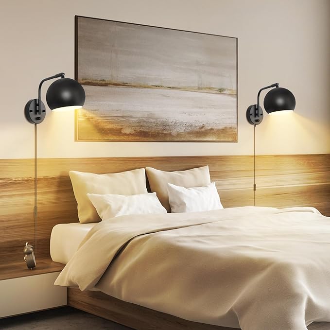 VATONI Plug in Wall Sconces, Dimmable Wall Sconce Swing Arm Wall Lights with Plug in Cord and Dimmer On/Off Knob Switch, Black Globe Wall Light for Bedside Bedroom Bathroom(1 Bulb Included)