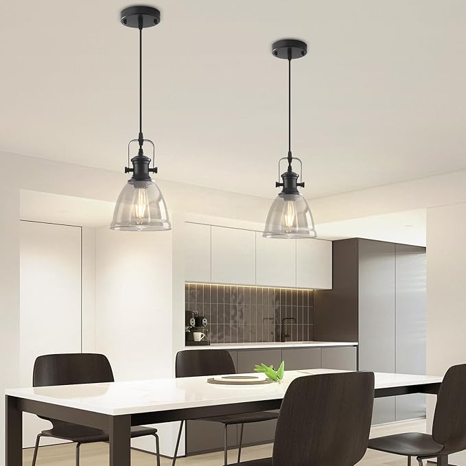 Black Pendant Lights Kitchen Island 2 Pack, 6.5" Modern Farmhouse Smoked Glass Pendant Light, Island Lights for Kitchen, Mini Pendant Lighting for Kitchen Island Dining Room