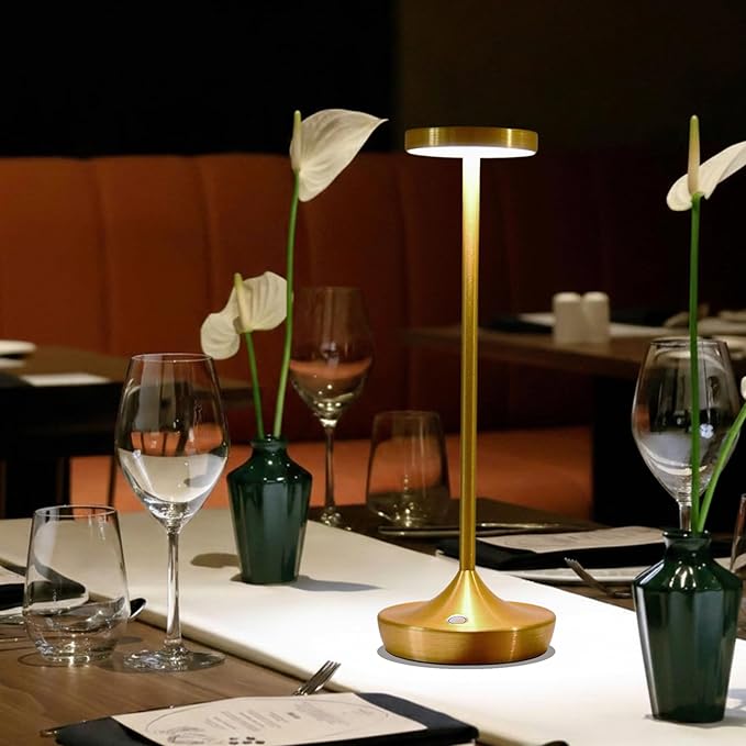 Gold Cordless Table Lamp, Rechargeable 6000mAh Battery LED Desk Lamp, Portable Metal Touch Lamp with 3-Level Dimming, Waterproof Light for Restaurant, Dining Table, Patio & Home Decor(Gold)