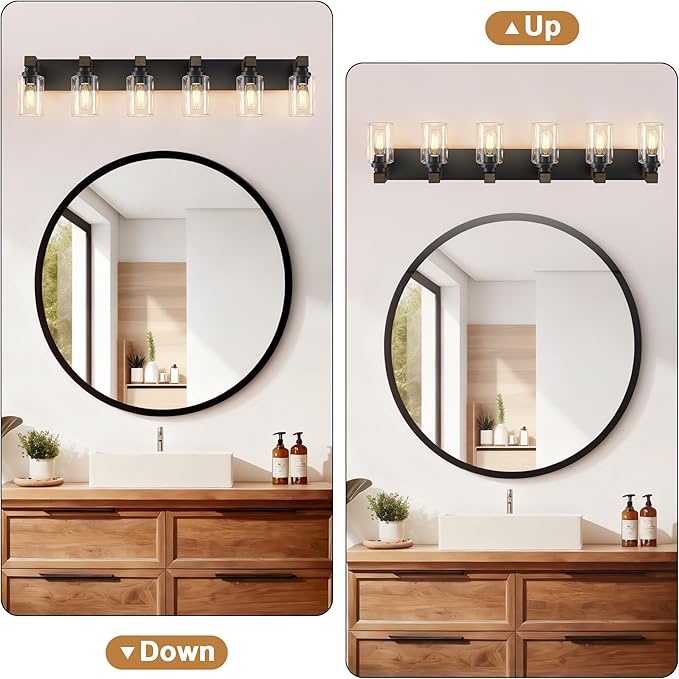 Farmhouse Bathroom Vanity Light Fixtures, Rustic 6-Light Wood Vanity Lights for Bathroom, Vintage Black Wall Sconces Lighting, Light fixtures Over Mirror, with Glass Shade