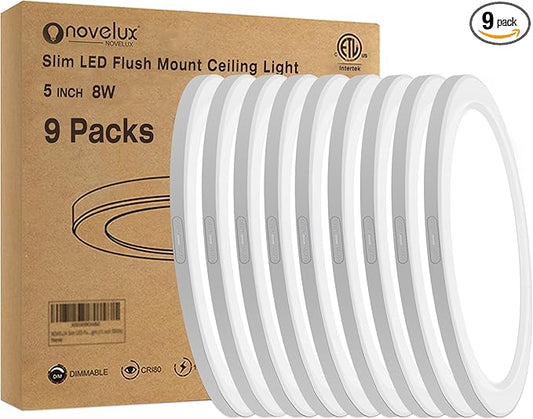 5.4" Flush Mount Ceiling Light Dimmable with ETL CERT, 8W 5000K LED Ceiling Lights White Ultra Thin Round Ceiling Light Fixture for Bedroom, Bathroom,Kitchen, Hallway,Basement,Closet,9Pack