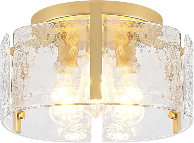 15'' Modern Gold Semi Flush Mount Ceiling Light, 3-Light Glass Drum Light Fixtures, Ceiling Lights for Hallway Entryway Foyer Bedroom Kitchen Island Dining Room Laundry Room Bathroom Lighting Fixture