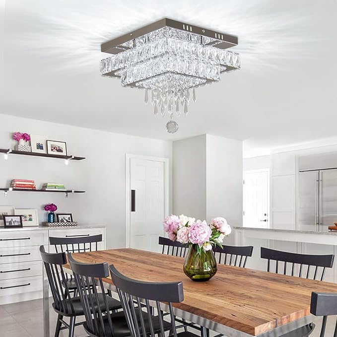 Finktonglan Crystal Chandeliers, 13'' Modern LED Chandelier Ceiling Light with Multilayer Crystal, Square Flush Mount Ceiling Light for Dining Room Bedrooms Entryway Living Room (Multicolor)