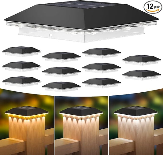 Mlambert 12 Pack Solar Post Cap Lights Outdoor - 3 Lighting Modes Waterproof LED Solar Post Lights Fit 3.5×3.5 Wood/4×4 Vinyl Fence Deck Posts, Black