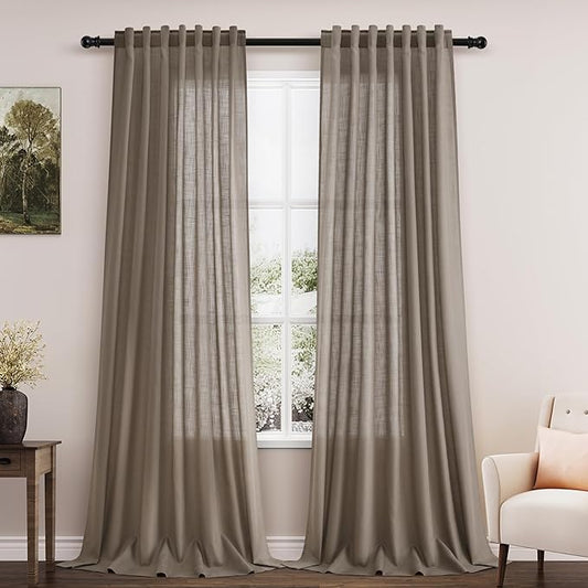 Dark Taupe Linen Curtains 120 Inch Extra Long for Living Room Back Tab Light Filtering Semi Sheer Drapes Modern Farmhouse Boho Decor Cotton Textured Curtain for Floor to Ceiling High Window 52x120
