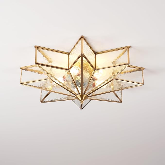 Brass Flush Mount Ceiling Light with Ceramic Light Socket, Star Shaped Ceiling Light Fixture, Mid Century Glass Ceiling Mount Lamp for Bedroom, Living Room Dining Room (Rippled Glass, 23.6")