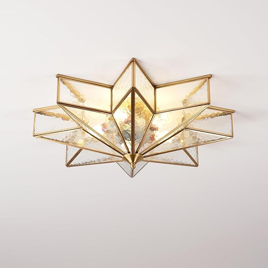 Brass Flush Mount Ceiling Light with Ceramic Light Socket, Star Shaped Ceiling Light Fixture, Mid Century Glass Ceiling Mount Lamp for Bedroom, Living Room Dining Room (Rippled Glass, 23.6")