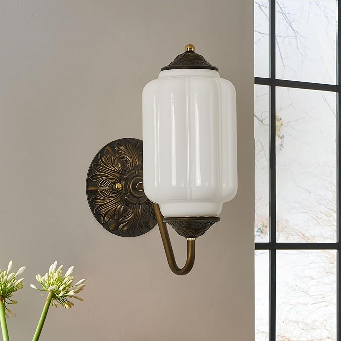 Vintage Milk Glass Wall Sconce - White Dimmable Indoor Wall Lighting with Bulb - Antique Embossed Brass Gold Sconces - Mid Century Vanity Light Fixture for Bathroom Bedroom Living Room Hallway Decor