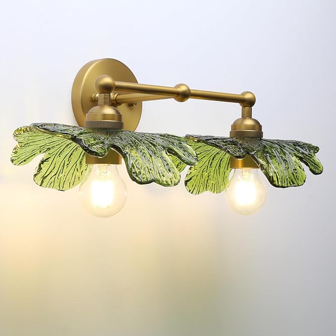 Pathson 2-Lights Wall Sconce Green Petal Glass, Hardwired Double-Head Bathroom Sconces Boho Brass Vanity Light for Wall Decor Living Room, Kitchen Sink, Bedroom, Farmhouse