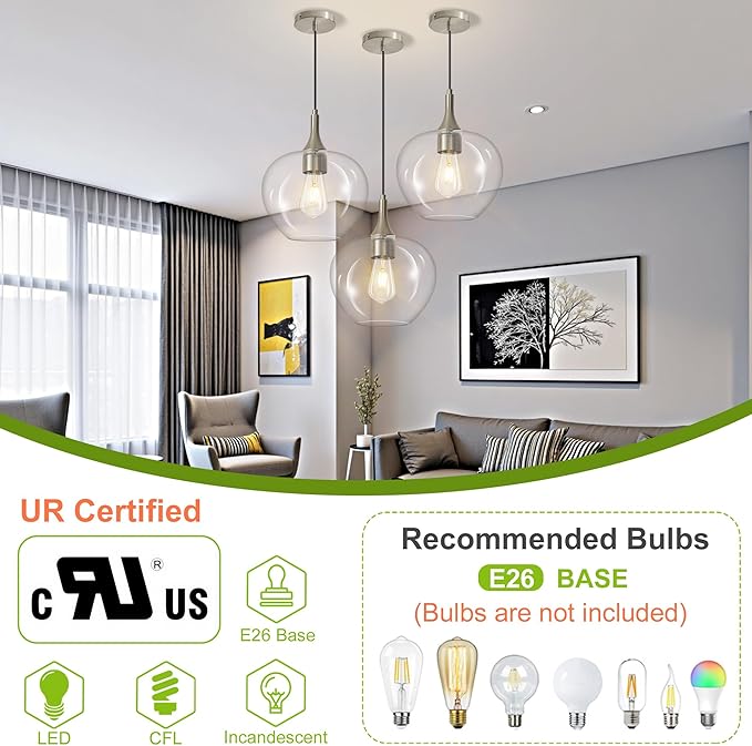 Glass Pendant Lights Kitchen Island, 9.45'' Brushed Nickel Pendant Lighting Fixtures, Modern Hanging Ceiling Light with Clear Glass Shade for Farmhouse Dining Room Bedroom Hallway(1 Pack)