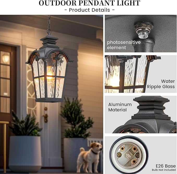 Waterproof Outdoor Pendant Light for Porch 18.5 Inch Large Hanging Porch Lights with Adjustable Chain Dusk to Dawn Aluminum Outdoor Hanging Light Fixture with Water Ripple Glass E26 Socket