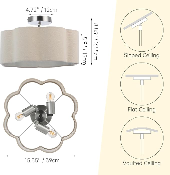 Newrays 3-Light Semi Flush Mount Ceiling Light Fixture, Fabric Shade Modern Close to Ceiling Lamp for Nursery Kids Room Bedroom Kitchen Hallway Entryway with 3PCS LED Bulbs (Linen)