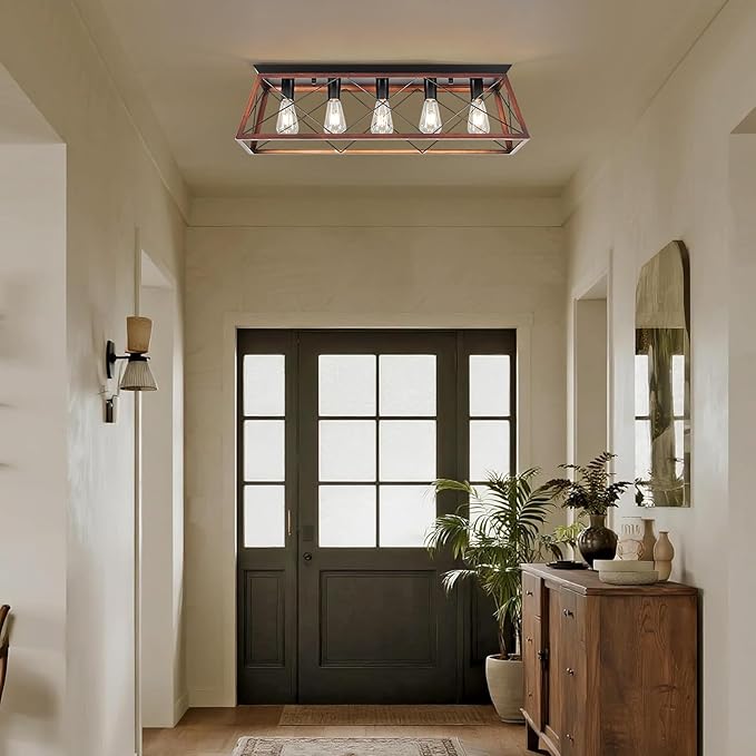 31.5" Flush Mount Ceiling Light, 5-Light Industrial Vintage Chandelier with Matte Black & Brushed Bronze Finish, Large Close to Ceiling Lighting for Dining Room, Kitchen Island, Living Room, Hallway