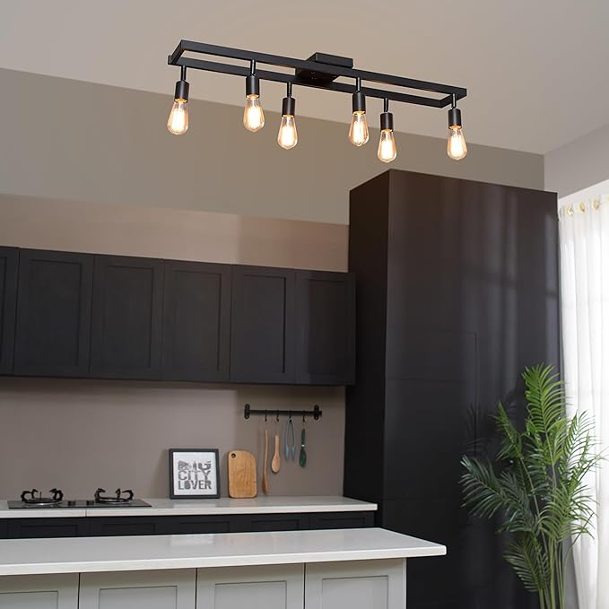 Globe Electric 59811 6-Light Adjustable Track Lighting, Matte Black Industrial Farmhouse Rectangular Frame, Pivoting Heads, E26 Base, Dimmable Ceiling Track Fixture