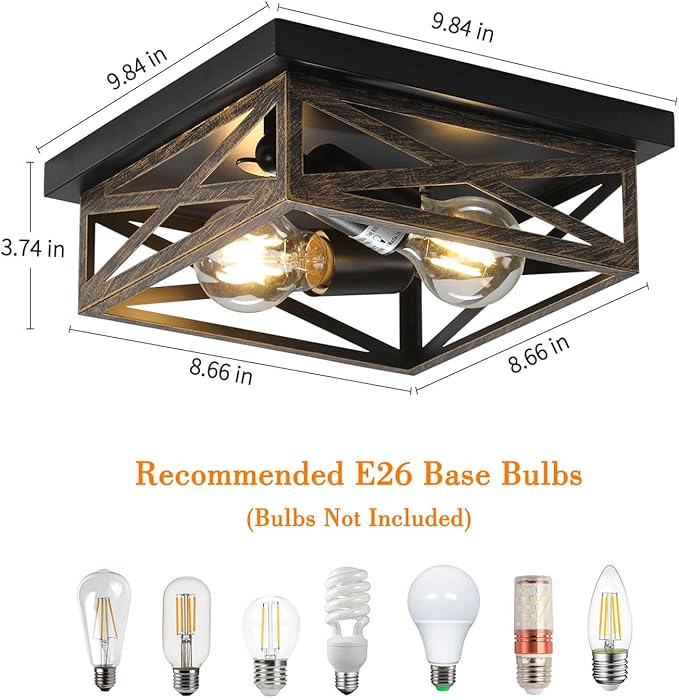 2Pack Rustic Flush Mount Ceiling Light Fixture, Modern Farmhouse Light Fixture, Kitchen Hallway Light Fixtures for Bedroom,Dining Room Entryway,Industrial Metal Cage Ceiling Light