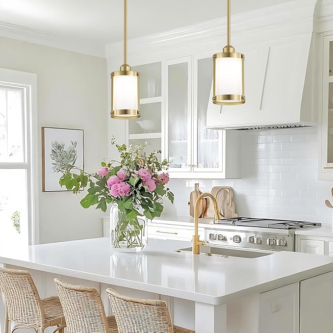 Brushed Gold Milk Glass Pendant Light Kitchen Island,Modern Brass Mini Pendant Lighting,Farmhouse Art Deco Chandelier Hanging Light Fixtures Over Sink for Dining Room
