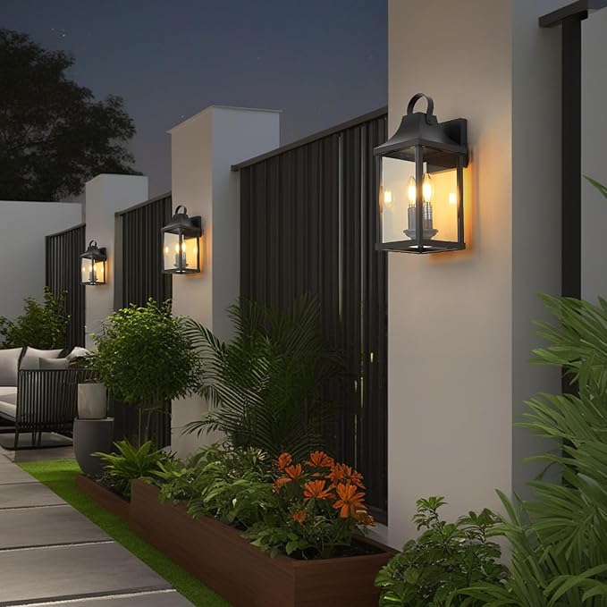 Outdoor Wall Sconces Set of 2, 15‘’ Black Outside Wall Mounted Light Fixture, Exterior Farmhouse Wall Sconce Lantern 2-Light, Modern Porch Lighting Exterior Lamp for House, 2 Pack