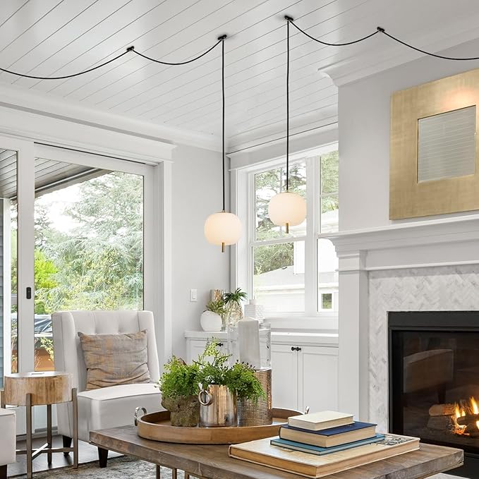 Mid Century Modern Pendant Light Fixture, Milk Glass 7” Globe Hanging Light with Dimmable Switch and Plug in for Kitchen Island Dining Room Bedroom Living Room, 2 Pack, 16ft Bulb Included