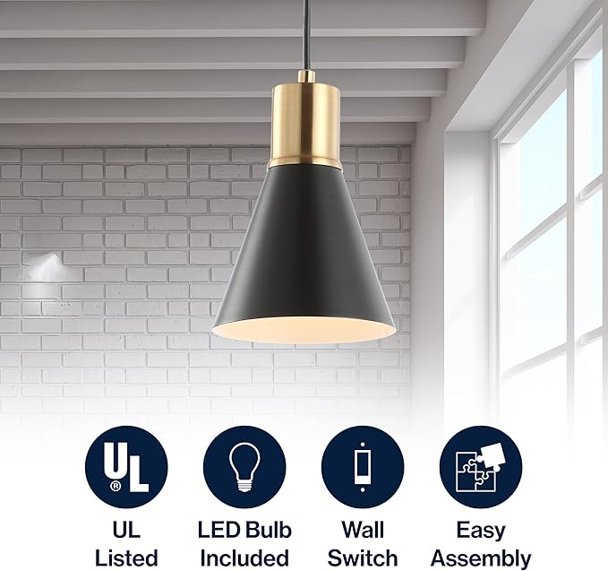 JONATHAN Y 6" Black/Brass Gold 1-Light Apollo Mid-Century Modern Iron LED Pendant, Black Metal Shade, Adjustable Hanging Ceiling Light for Kitchen Island, Hallway, LED Bulb Included JYL6131A