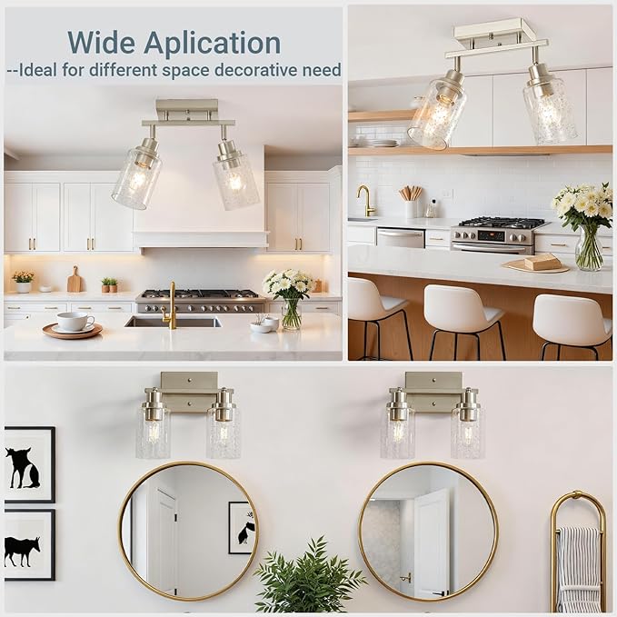 LOUSACE 2 Light Brushed Nickel Track Lighting, Kitchen Ceiling Mounted Light Fixtures Over Sink with Seeded Glass Shade, Flush Mount Wall/Ceiling Track Lighting for Kitchen Island Bathroom, E26 Base