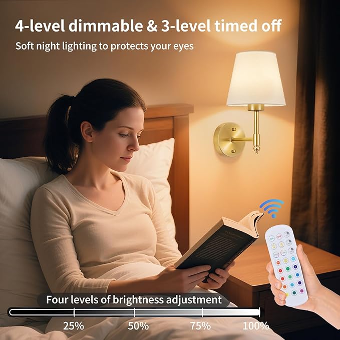 Battery Operated Wall Sconce Set of 2, Rechargeable Wireless Wall Lights with fabric Lampshade, 5200mAh Dimmable Bulbs with Remote,15 Colors Wireless Wall Lamps for Bedroom Living Room Hallway Decor
