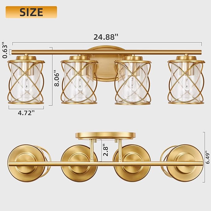 mavcadonf Bathroom Vanity Light Fixtures Over Mirror, 4 Lights Modern Bathroom Wall Lamp for Mirror Kitchen Living Room Hallway Cabinet Porch, Farmhouse Wall Lights with Cage Shade, Brushed Gold