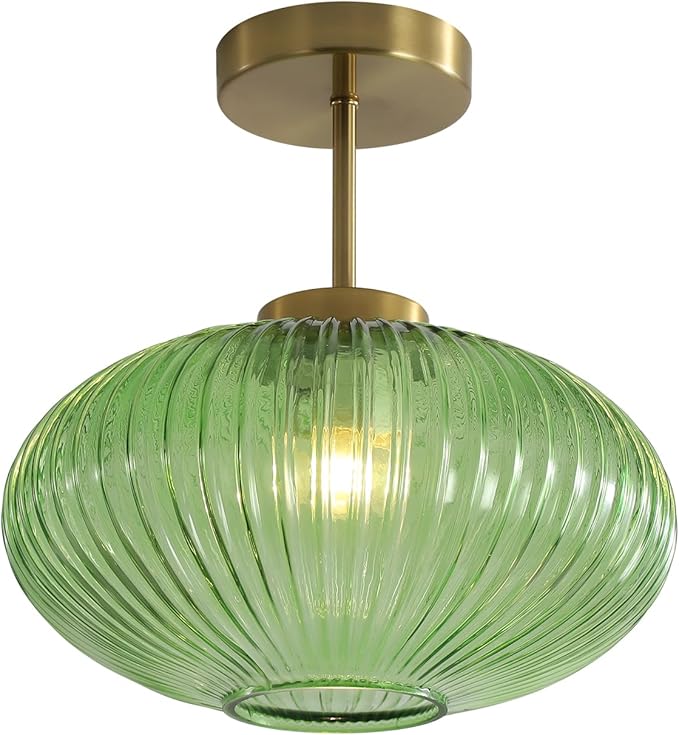 KCO Lighting Vintage Green Ribbed Glass Flush Mount Light Brushed Gold Semi Flush Mount Ceiling Globe Hallway Ceiling Light Fixture