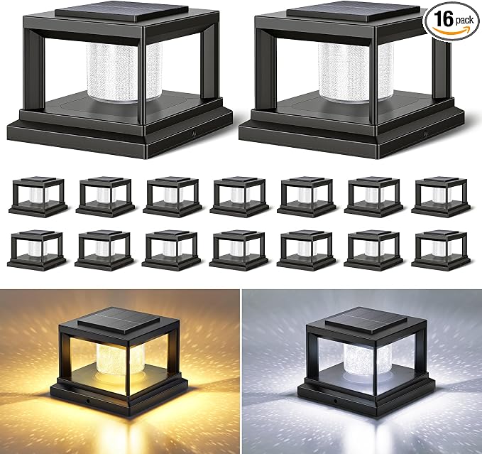 FOLKSMATE Solar Post Cap Lights 16 Pack, 2 Lighting Modes Cool/Warm White Outdoor Solar Powered, Waterproof Fence Deck Lights for 4×4 3.5×3.5 Wood Vinyl Posts, for Garden Patio Porch Decor, Black