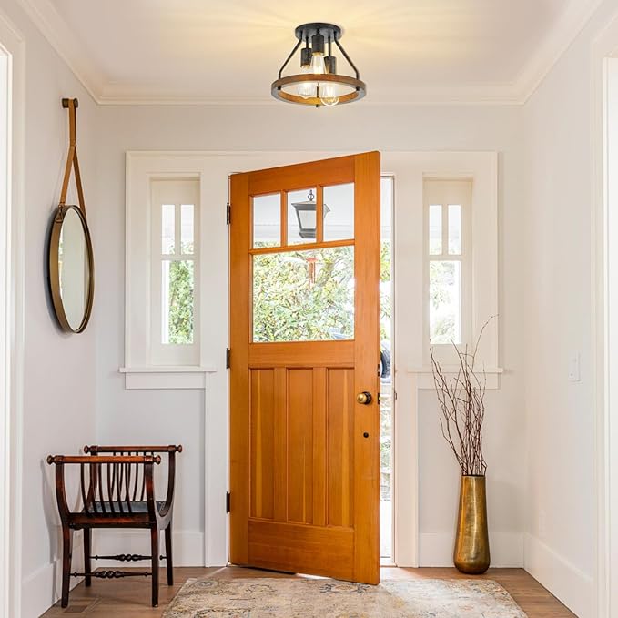 Retro Industrial Flush Mount Ceiling Light Fixture with Wood Circle Shade 3-Light Rustic Black Ceiling Light for Hallyway Entryway Bedroom Kitchen Sink